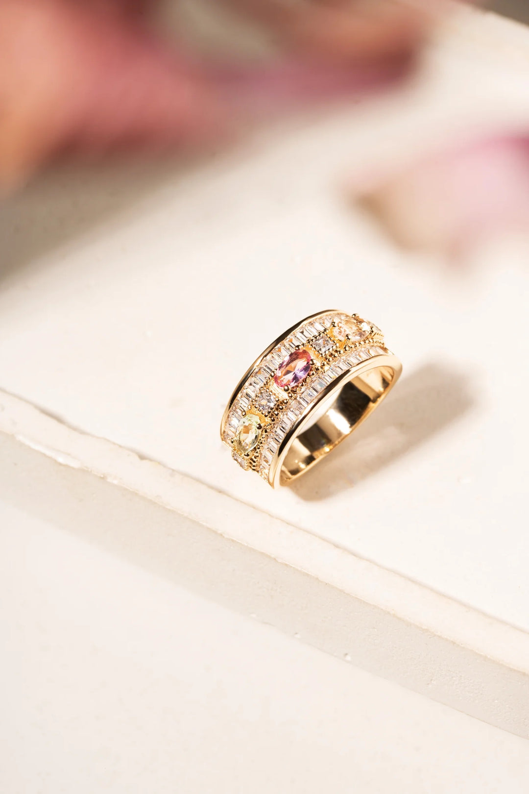 Multicolor Crystal with Oval & Baguette Crystals Ring, 18k Gold Filled