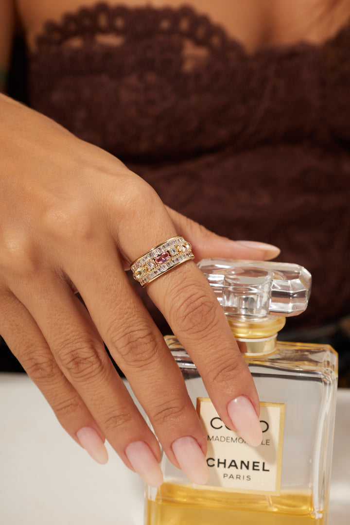 Multicolor Crystal with Oval & Baguette Crystals Ring, 18k Gold Filled