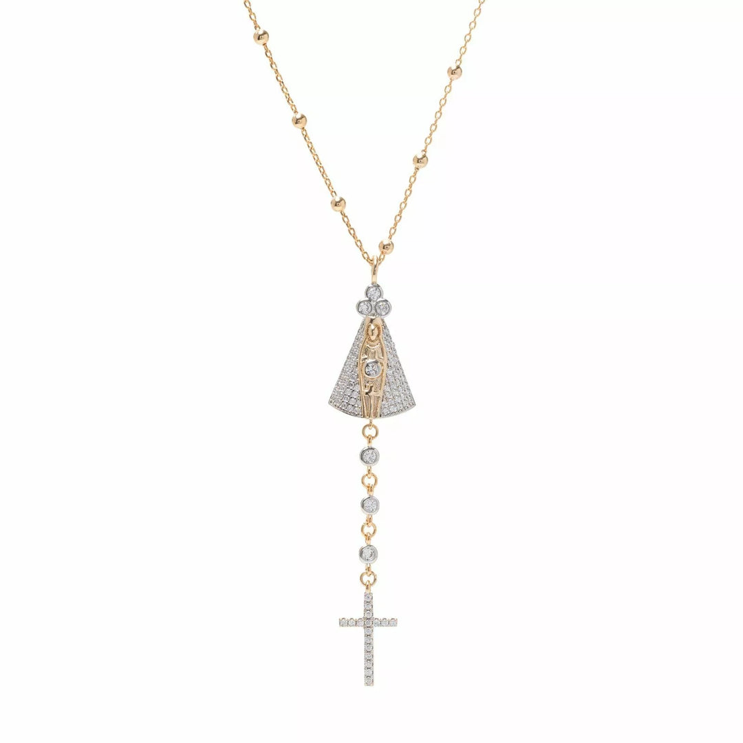 Our Lady of Aparecida & Cross White CZ Necklace, 18K Gold Filled