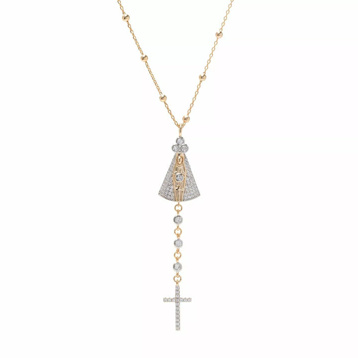 Our Lady of Aparecida & Cross White CZ Necklace, 18K Gold Filled