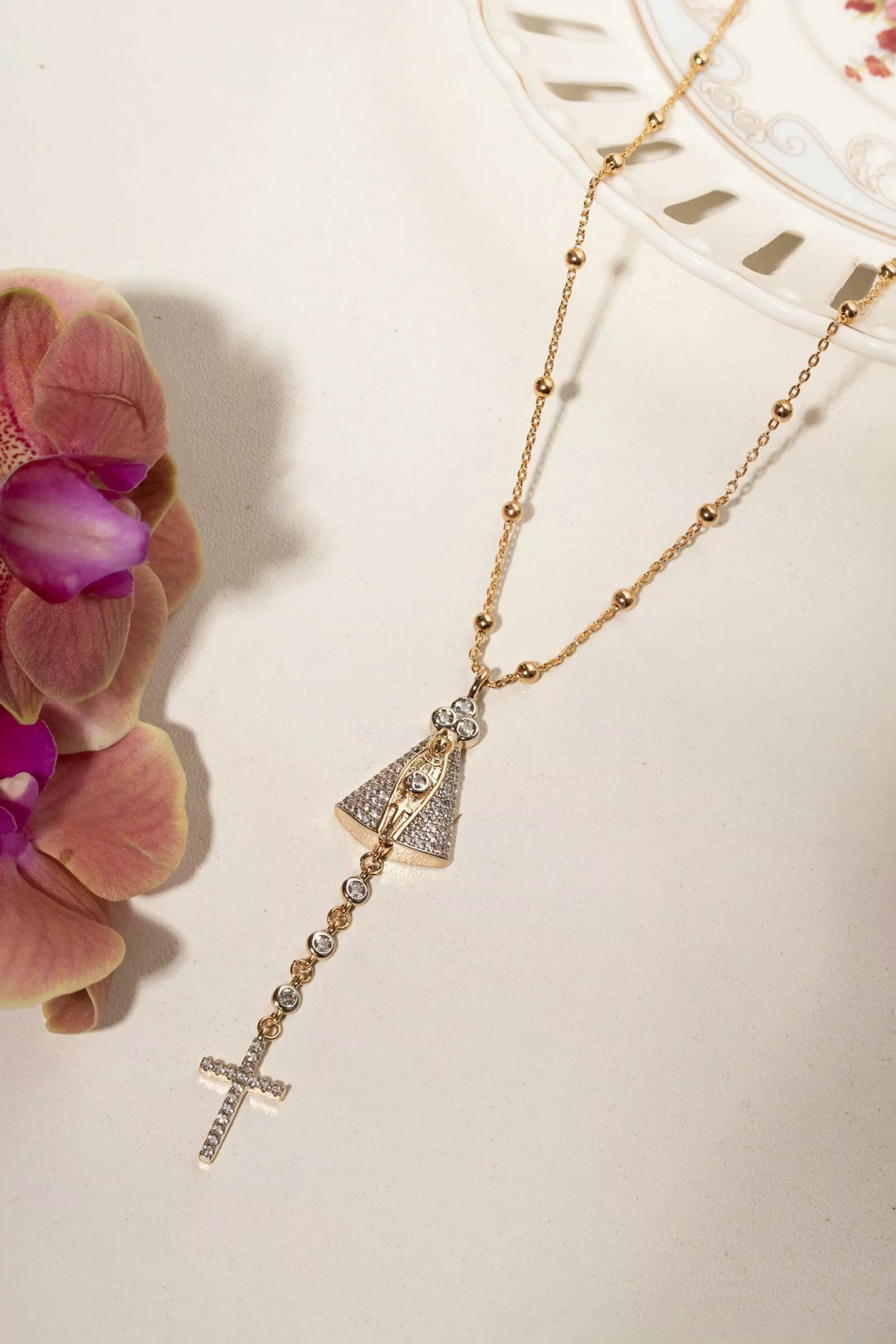 Our Lady of Aparecida & Cross White CZ Necklace, 18K Gold Filled