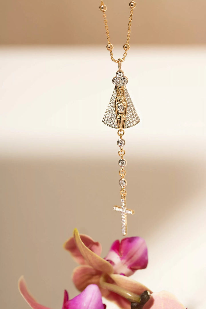 Our Lady of Aparecida & Cross White CZ Necklace, 18K Gold Filled