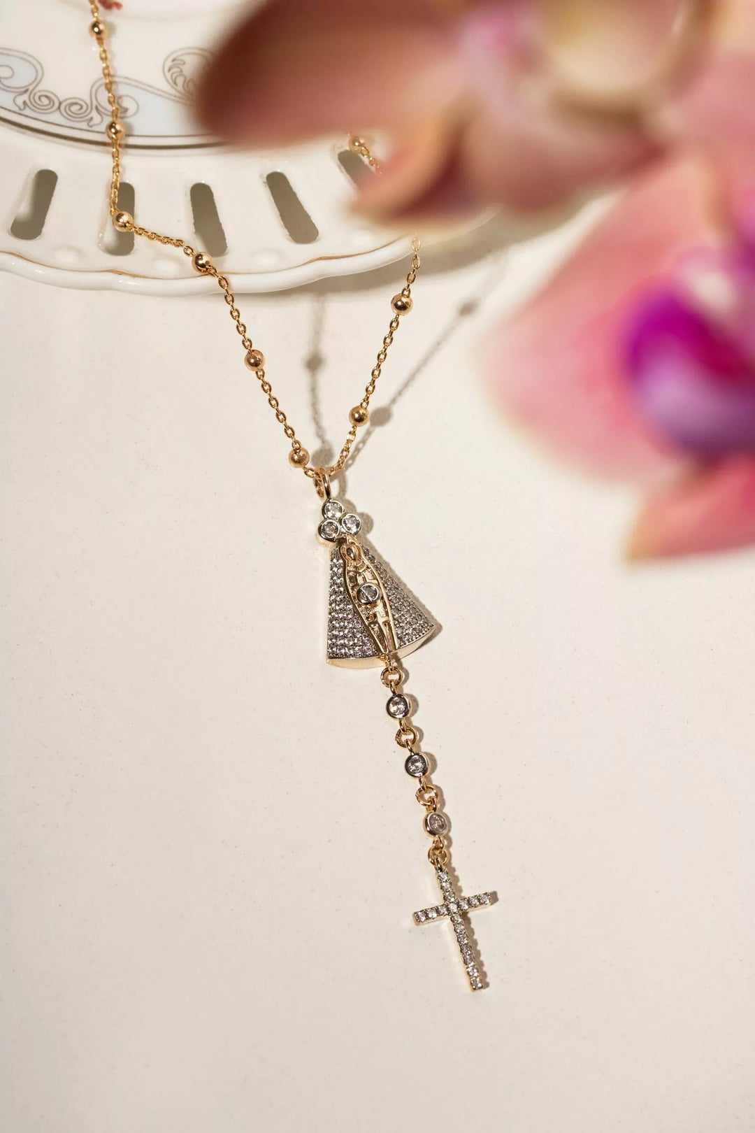 Our Lady of Aparecida & Cross White CZ Necklace, 18K Gold Filled