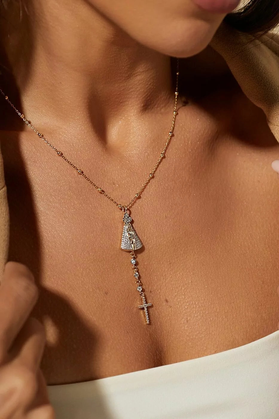 Our Lady of Aparecida & Cross White CZ Necklace, 18K Gold Filled