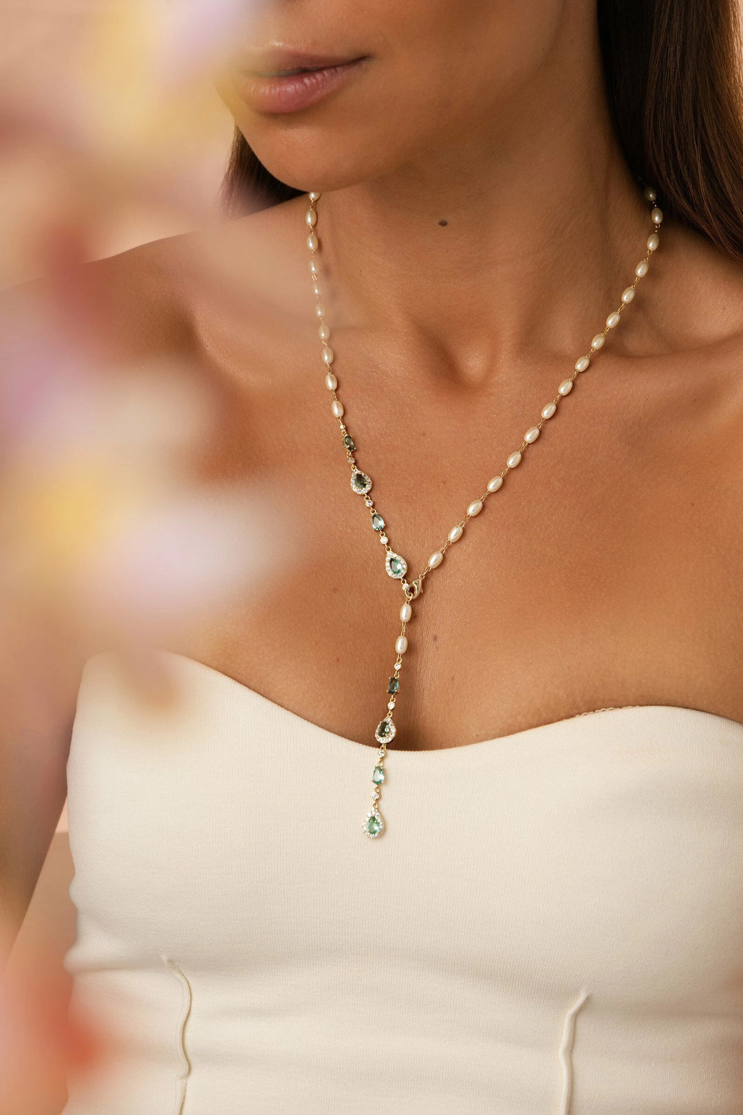 Paraiba Crystal Drop Lariat Pearl & White Zirconia Necklace, 18k Gold Filled