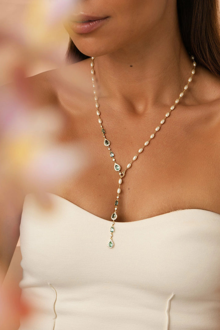 Paraiba Crystal Drop Lariat Pearl & White Zirconia Necklace, 18k Gold Filled
