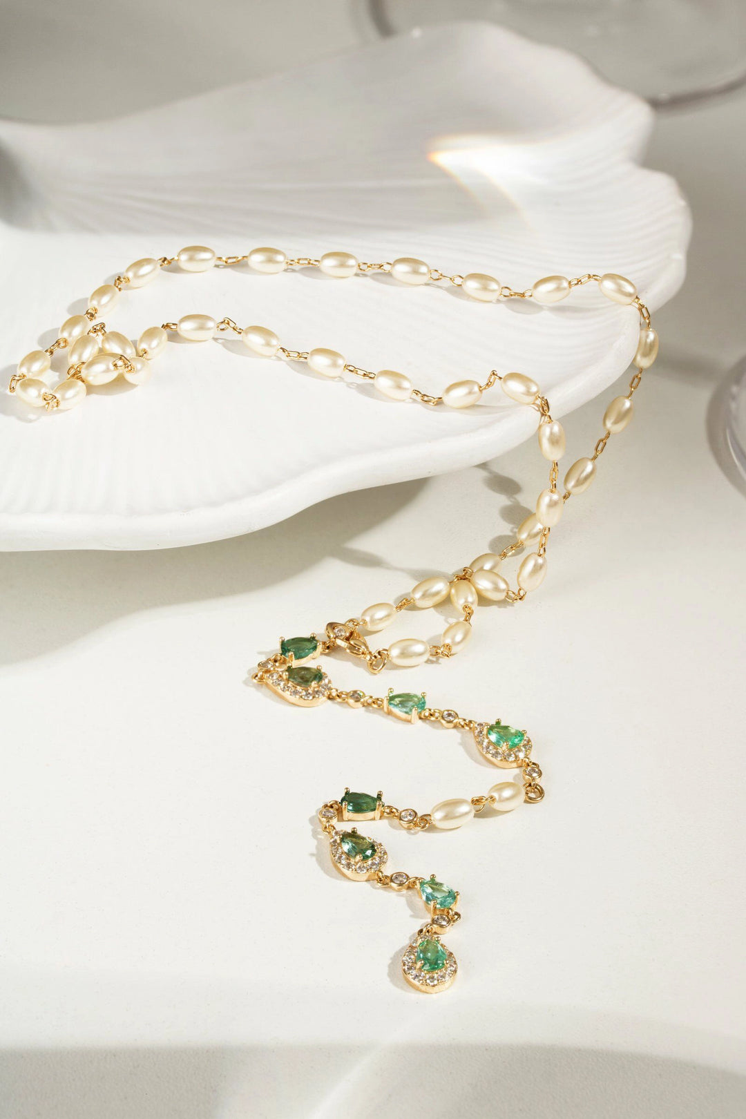 Paraiba Crystal Drop Lariat Pearl & White Zirconia Necklace, 18k Gold Filled