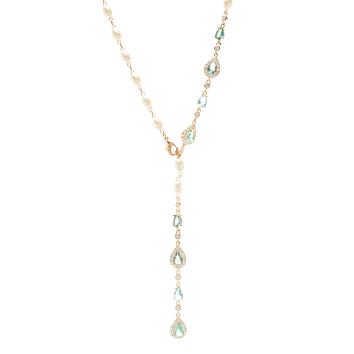 Paraiba Crystal Drop Lariat Pearl & White Zirconia Necklace, 18k Gold Filled