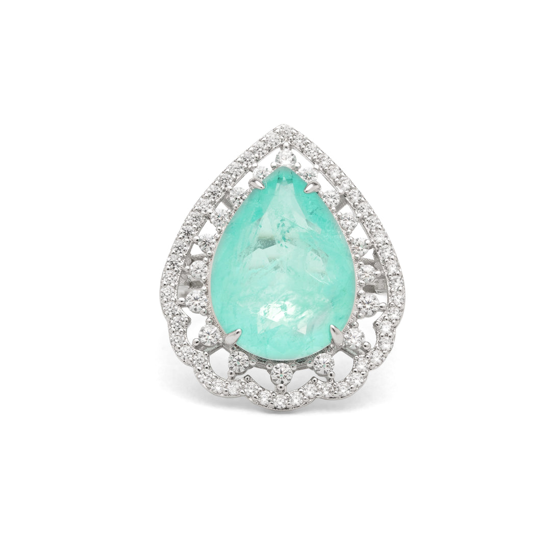 Paraiba Tourmaline Fusion & White Zirconia Pear Ring, Rhodium Plated