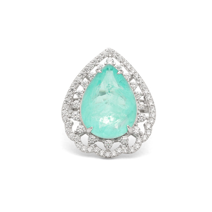Paraiba Tourmaline Fusion & White Zirconia Pear Ring, Rhodium Plated