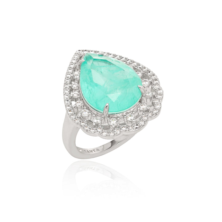 Paraiba Tourmaline Fusion & White Zirconia Pear Ring, Rhodium Plated