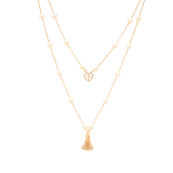 Pearl & White Zirconia Scapular Necklace with Our Lady & Mini Heart Charm, 18k Gold Filled