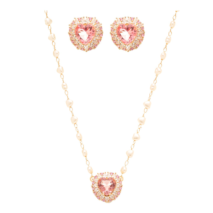 Pink Tourmaline Crystal Heart Earrings & Necklace Set, 18k Gold Filled