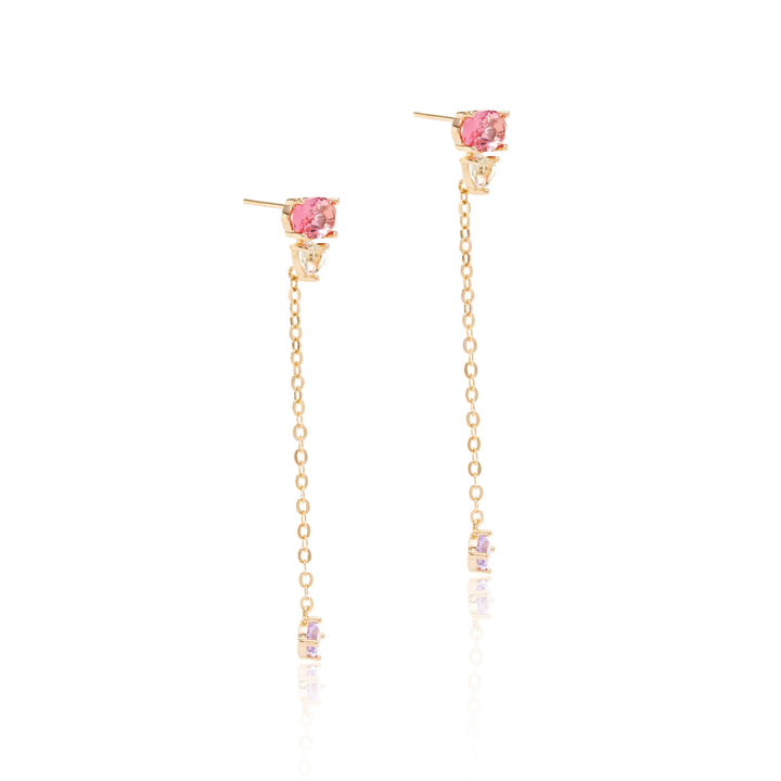 Pink Tourmaline Crystal Long Chain Earrings, 18k Gold Filled