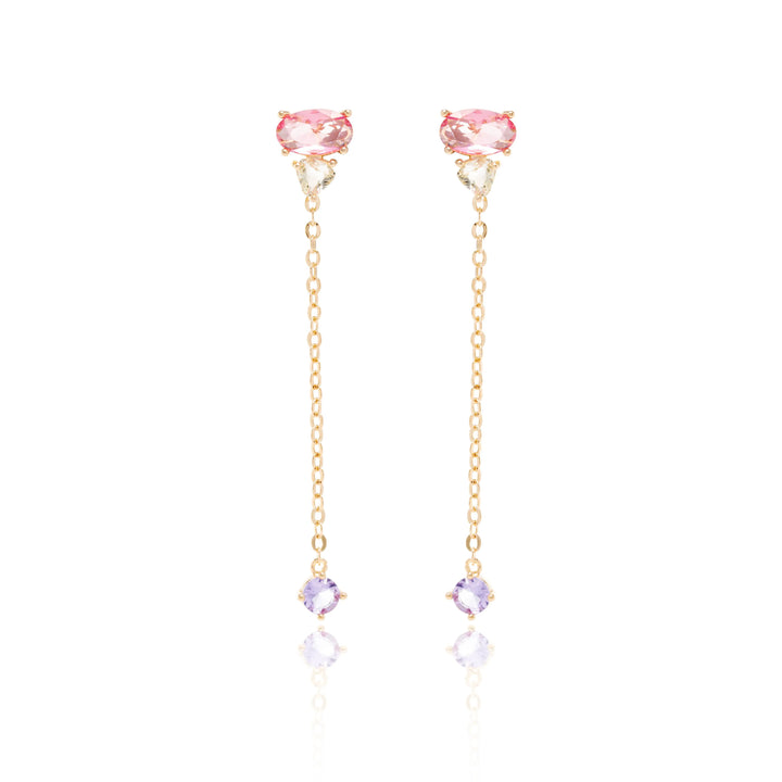 Pink Tourmaline Crystal Long Chain Earrings, 18k Gold Filled