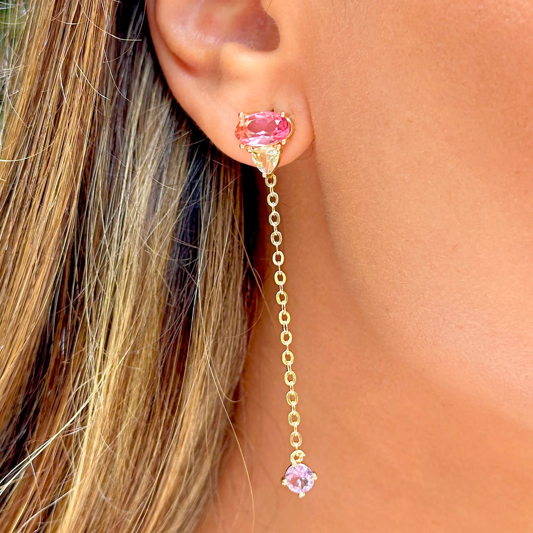 Pink Tourmaline Crystal Long Chain Earrings, 18k Gold Filled