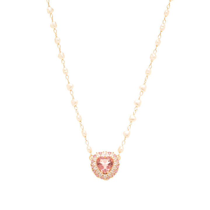 Pink Tourmaline Crystal & Pearl Hearts Necklace, 18k Gold Filled