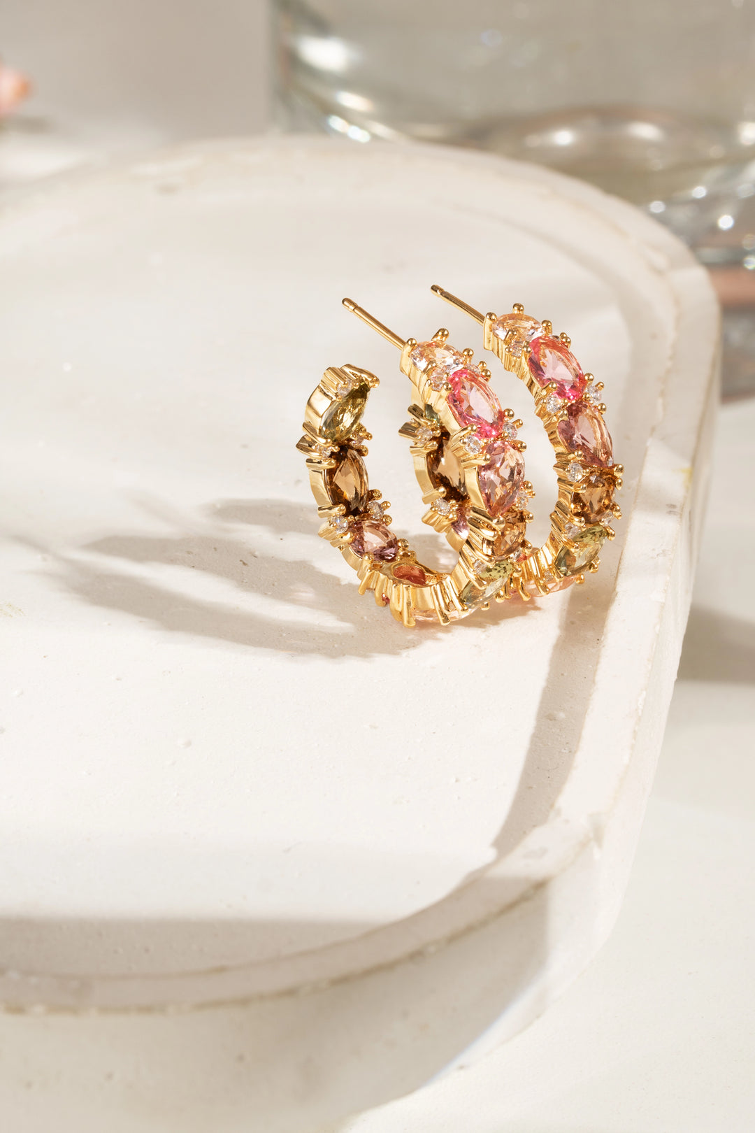 Pink Tourmaline Crystal, Rhodolite Crystal & Smoky Topaz Crystal Hoop Earrings, 18k Gold Filled