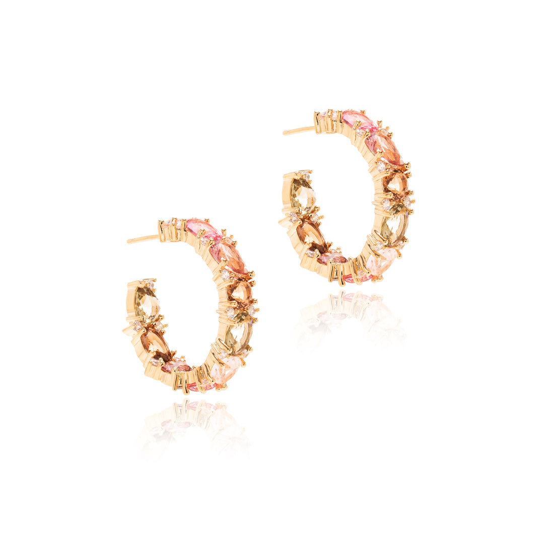 Pink Tourmaline Crystal, Rhodolite Crystal & Smoky Topaz Crystal Hoop Earrings, 18k Gold Filled