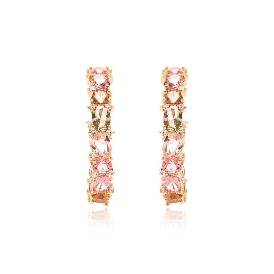 Pink Tourmaline Crystal, Rhodolite Crystal & Smoky Topaz Crystal Hoop Earrings, 18k Gold Filled