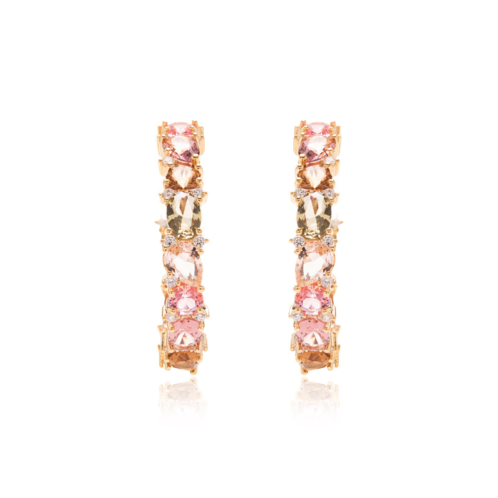Pink Tourmaline Crystal, Rhodolite Crystal & Smoky Topaz Crystal Hoop Earrings, 18k Gold Filled