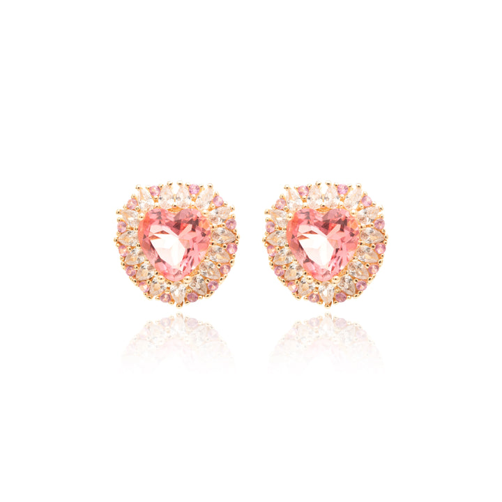 Pink Tourmaline Crystal & White Zirconia Heart Earrings, 18k Gold Filled