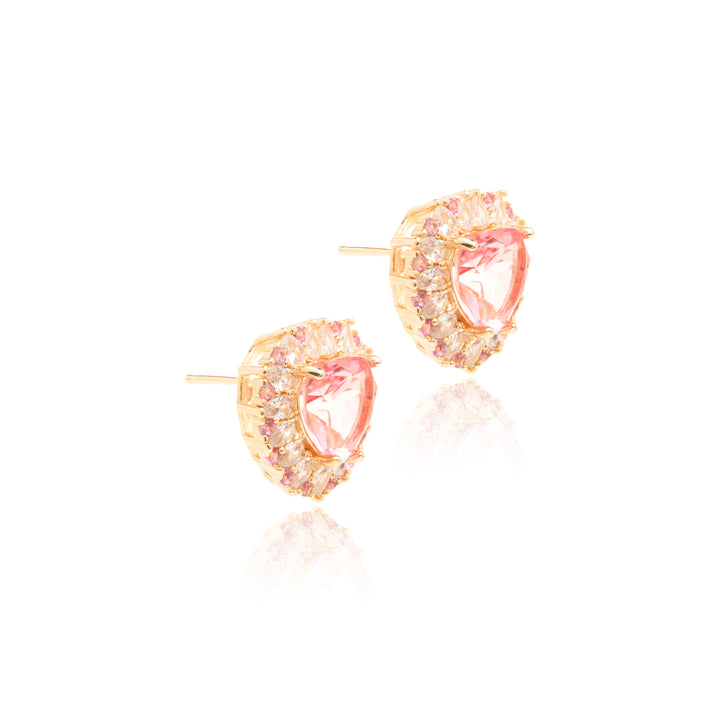 Pink Tourmaline Crystal & White Zirconia Heart Earrings, 18k Gold Filled