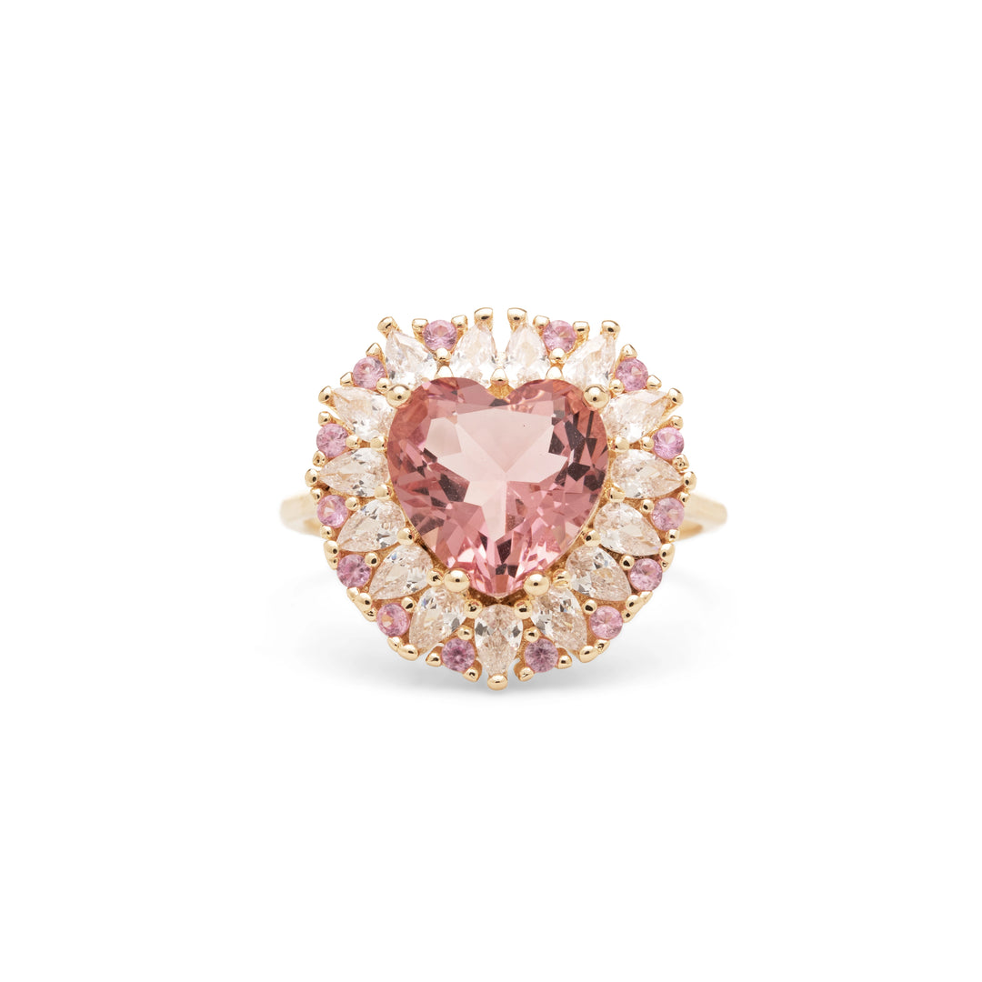Pink Tourmaline Crystal & White Zirconia Heart Ring, 18k Gold Filled
