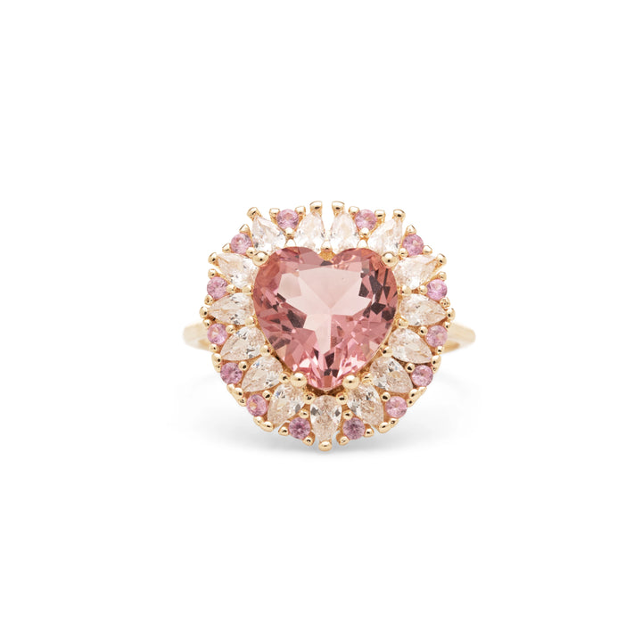 Pink Tourmaline Crystal & White Zirconia Heart Ring, 18k Gold Filled