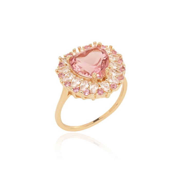 Pink Tourmaline Crystal & White Zirconia Heart Ring, 18k Gold Filled