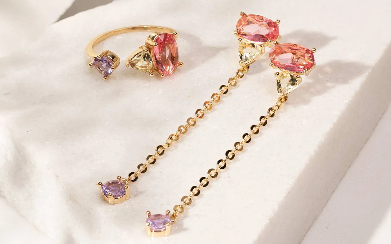 18k Gold Filled Pink Tourmaline Amethyst & Citrine chain earrings Elladora Store Australia