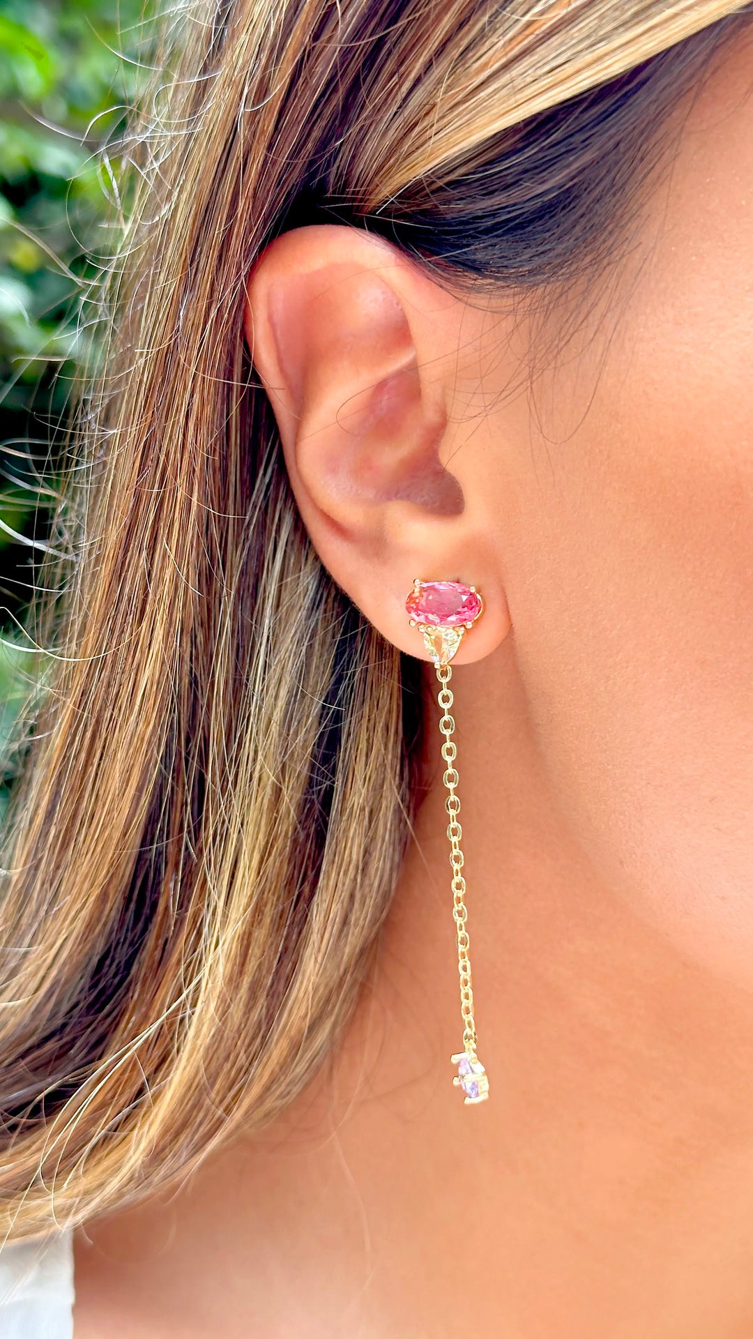 Women wears Pìnk tourmaline amethyst & citrine  Crystal chain earrings, 18k Gold Filled, Elladora Store Australia