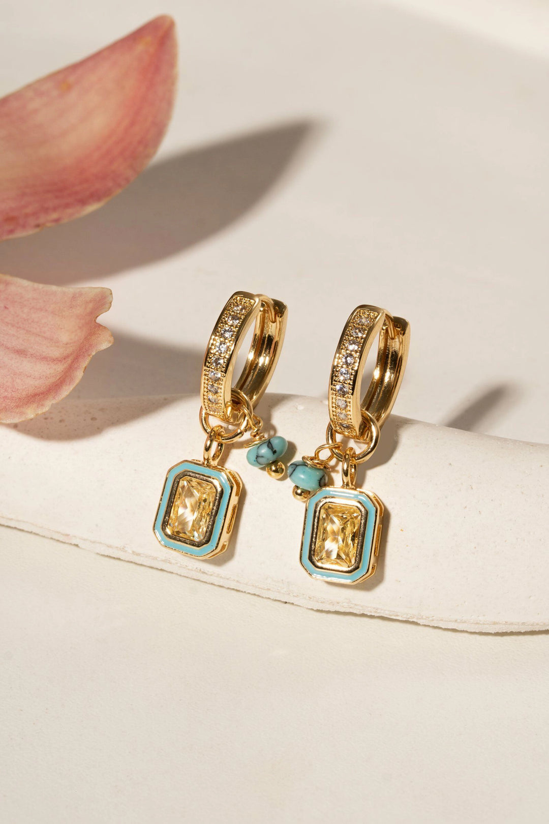 Rectangle Fancy Yellow & White Zirconia Ear Bling Earrings,18k Gold Filled