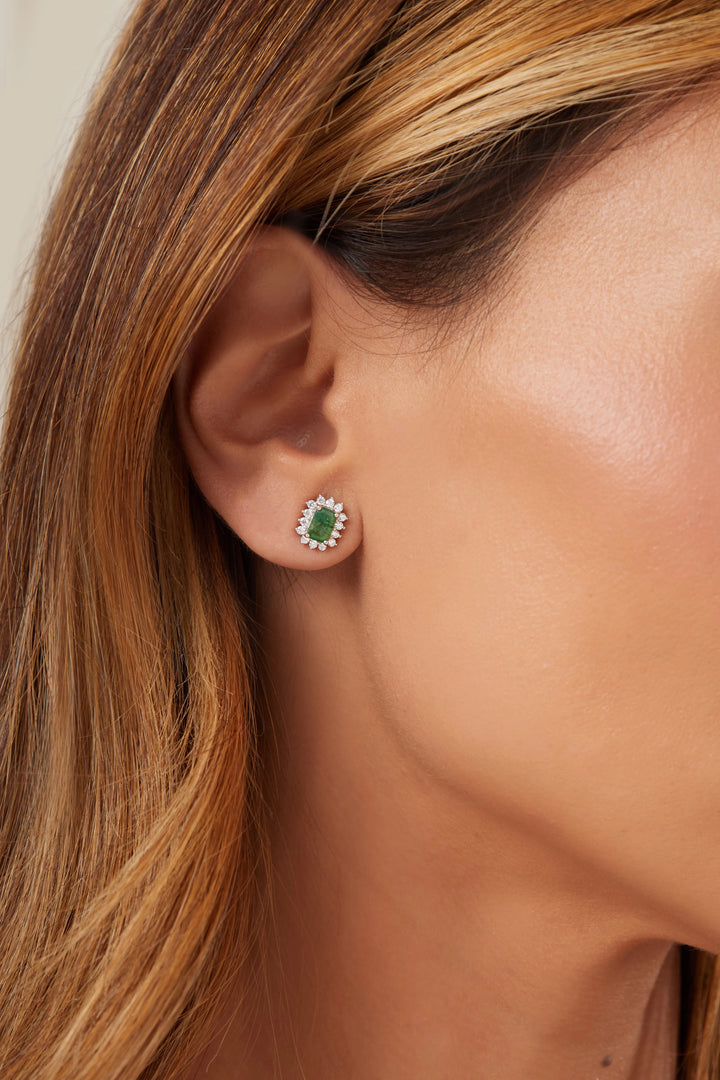 Bright Rectangle Natural Emerald 4x6mm and 0.50ct & 1.5mm D/VVS1 Moissanite Melee Stud Earrings, 925 Sterling Silver