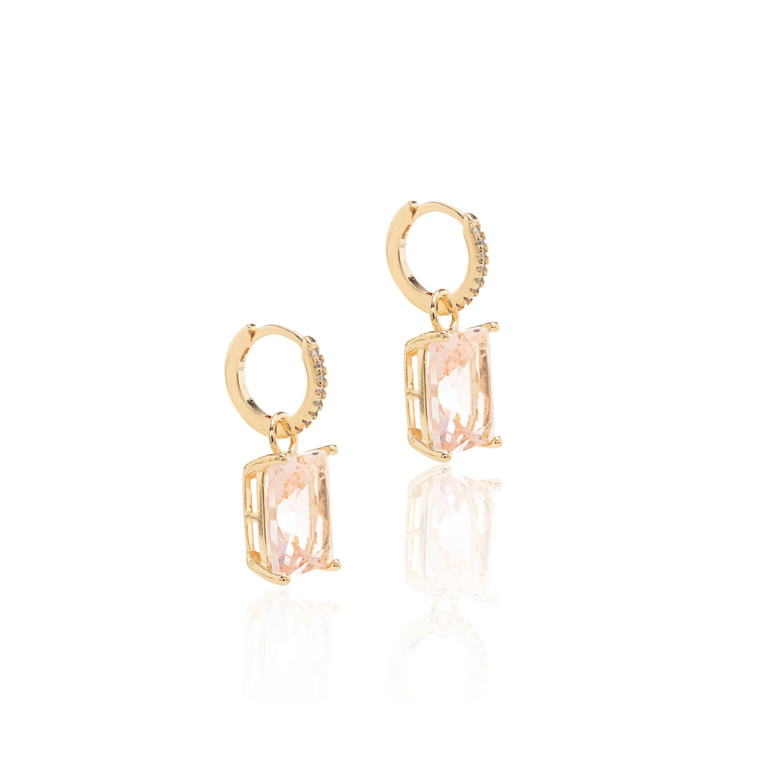 Rectangular Morganite Crystal Hoop Earrings, 18k Gold Filled