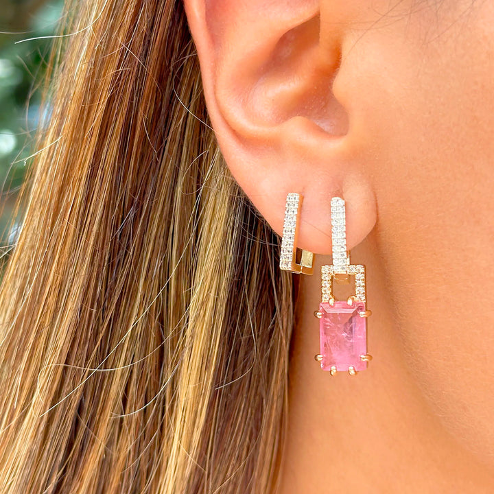 Rectangular Pink Quartz Fusion & CZ Earrings, 18k Gold Filled