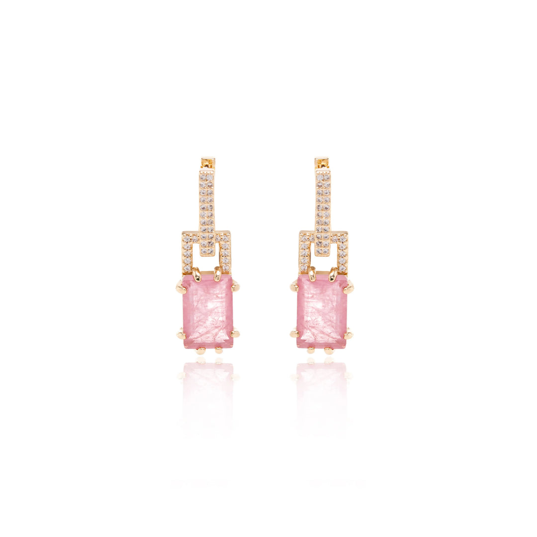 Rectangular Pink Quartz Fusion & CZ Earrings, 18k Gold Filled