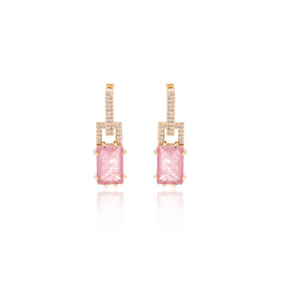 Rectangular Pink Quartz Fusion & CZ Earrings, 18k Gold Filled