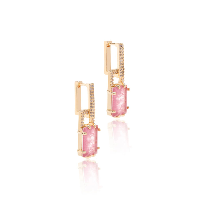 Rectangular Pink Quartz Fusion & CZ Earrings, 18k Gold Filled