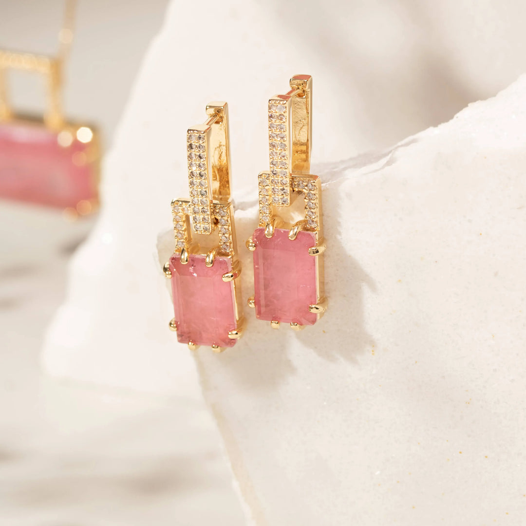 Rectangular Pink Quartz Fusion & CZ Earrings, 18k Gold Filled