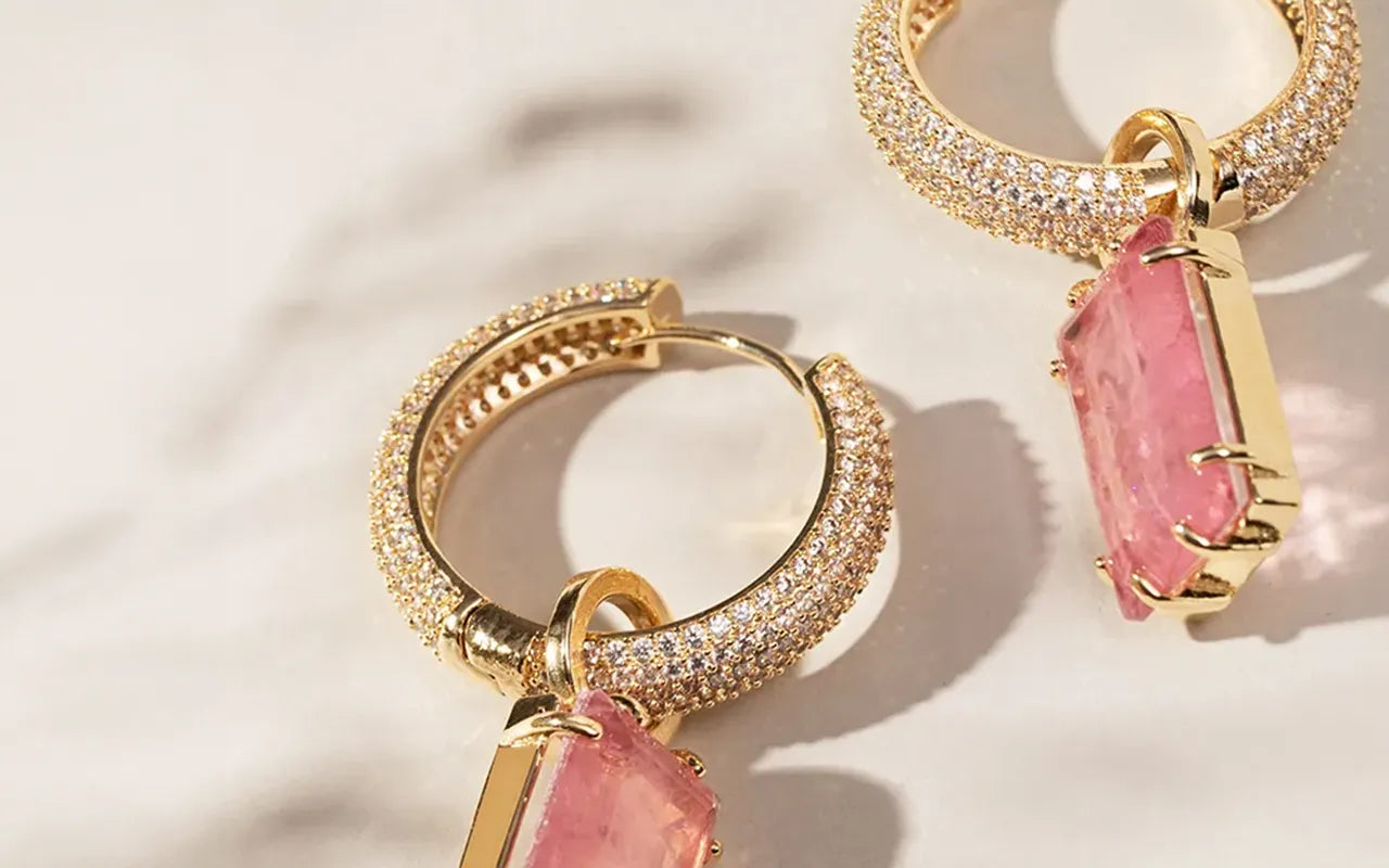 Rectangular Pink Quartz Fusion & CZ Statement Hoops Earrings, 18k Gold Filled Elladora Store Australia