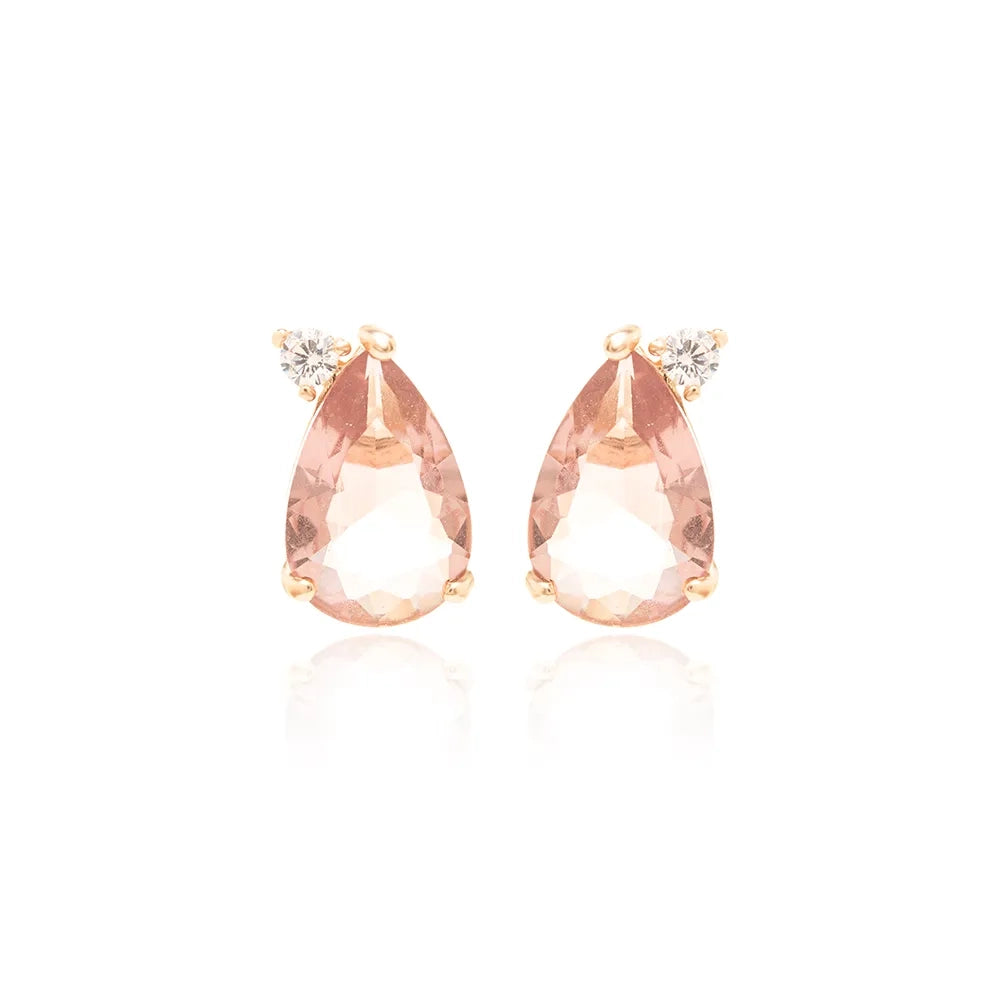 Rhodolite Crystal & White CZ Teardrop Stud Earrings,18K Gold Filled