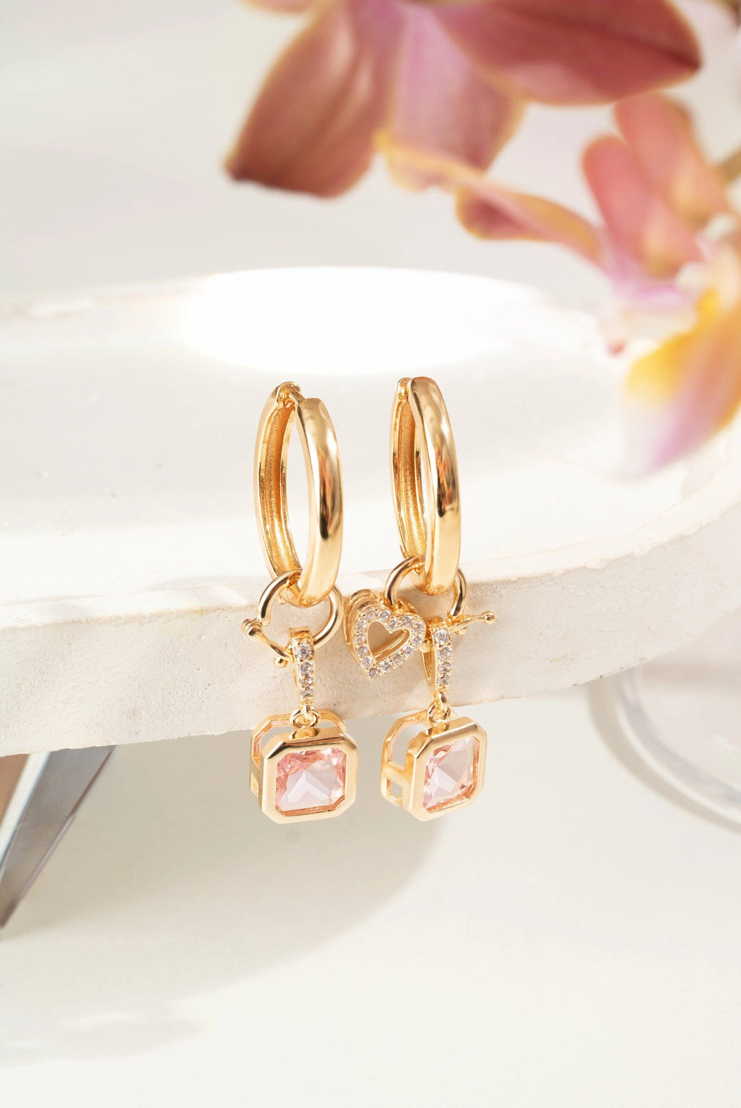 Rose Quartz Crystal & White Zirconia Square and Heart Ear Bling Earrings, 18k Gold Filled