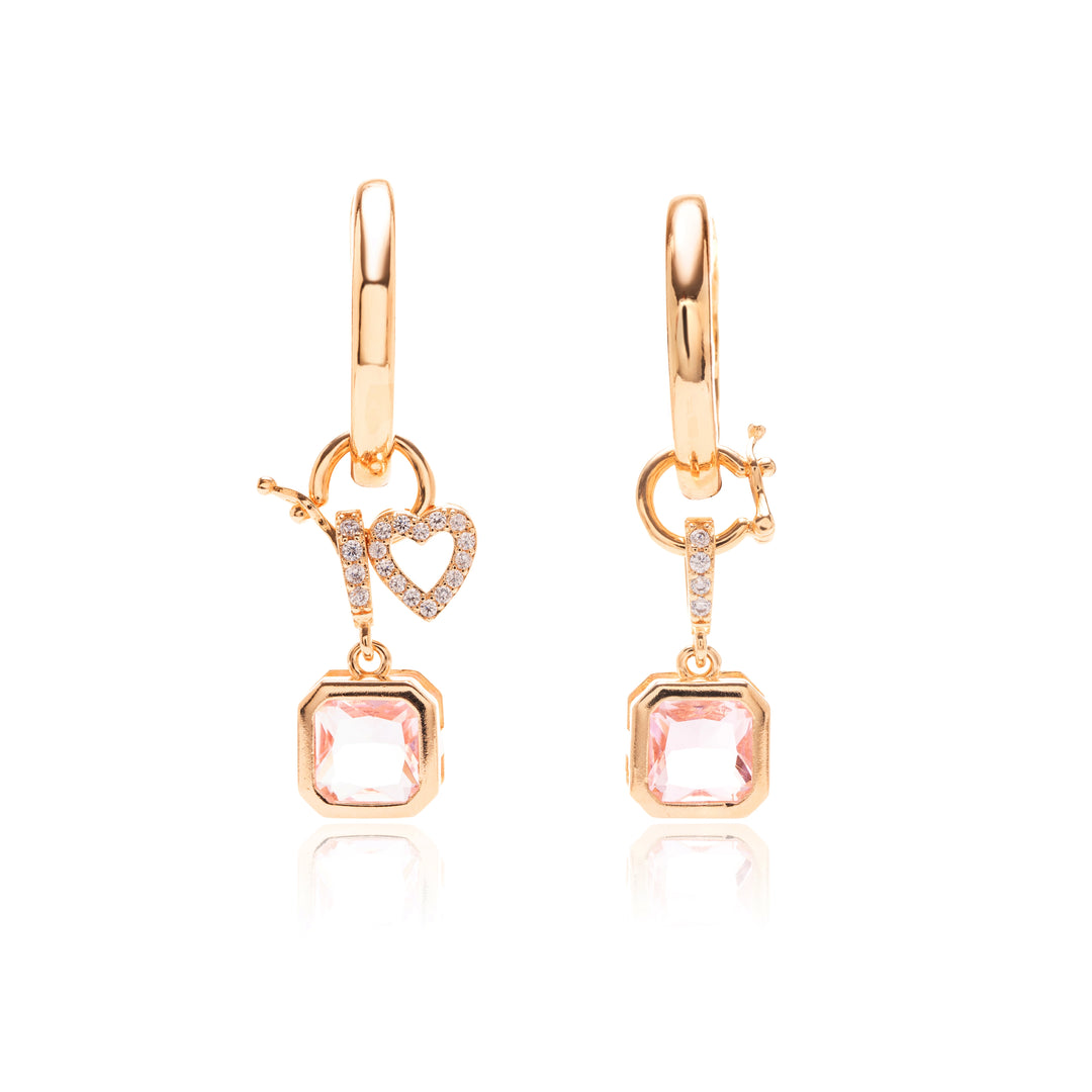 Rose Quartz Crystal & White Zirconia Square and Heart Ear Bling Earrings, 18k Gold Filled