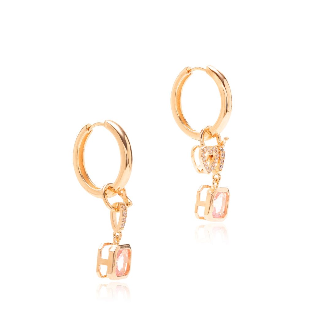Rose Quartz Crystal & White Zirconia Square and Heart Ear Bling Earrings, 18k Gold Filled