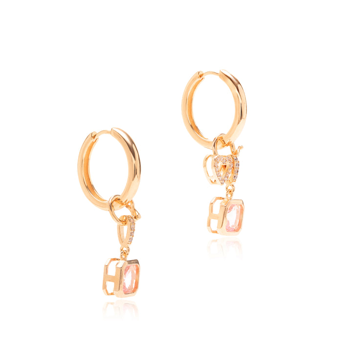 Rose Quartz Crystal & White Zirconia Square and Heart Ear Bling Earrings, 18k Gold Filled