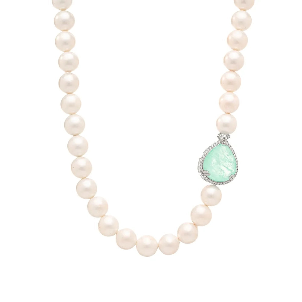 Shell Pearl Colombian Emerald Fusion Necklace 43cm, 925 Sterling Silver