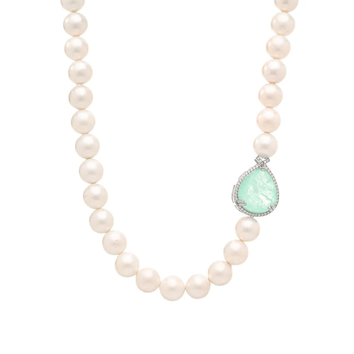 Shell Pearl Colombian Emerald Fusion Necklace 43cm, 925 Sterling Silver