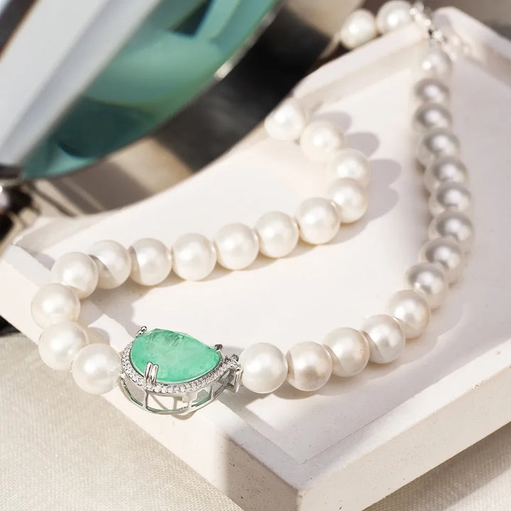 Shell Pearl Colombian Emerald Fusion Necklace 43cm, 925 Sterling Silver