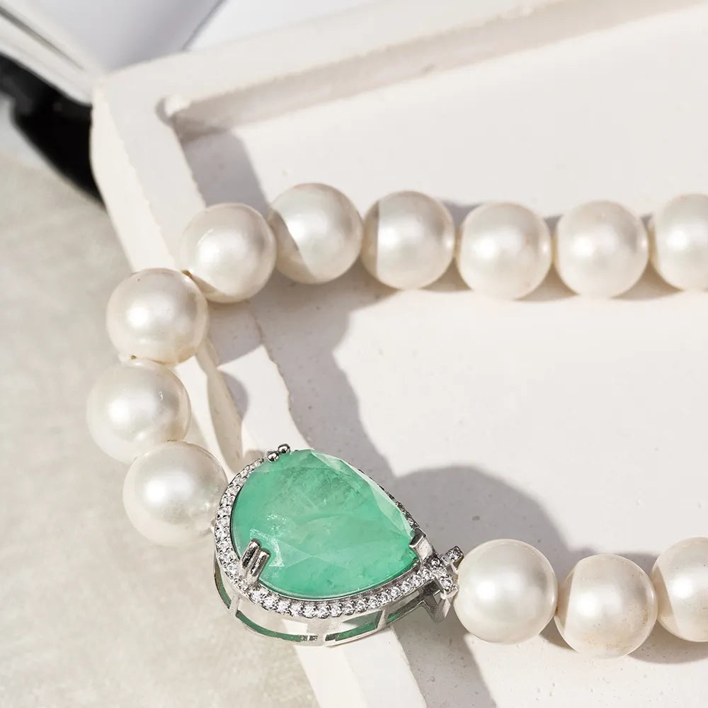 Shell Pearl Colombian Emerald Fusion Necklace 43cm, 925 Sterling Silver